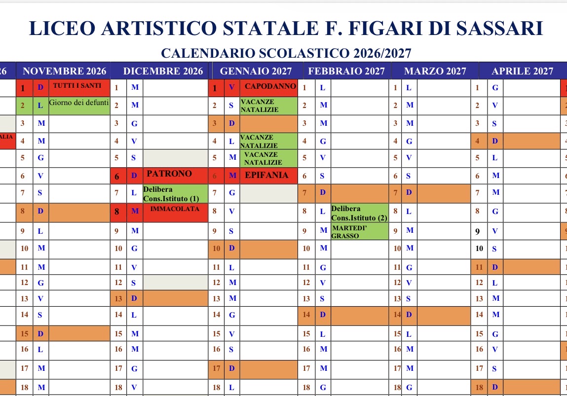 Calendario scolastico annuale 2026-27 del Liceo Artistico F. Figari